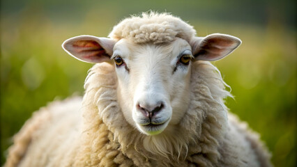 Fototapeta premium Close-up of a sheep with fluffy white wool , farm animal, livestock, woolly, fluffy, cute, mammal, domestic
