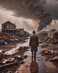 A man in a military uniform stands in the street with a storm in the background.