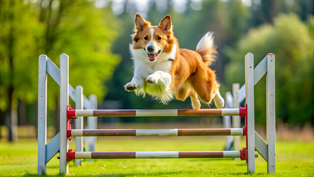 Dansk-Svensk G?rdshund jumping over agility hurdle on course, agility, dog, training, competition