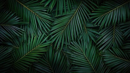 Close-up of overlapping dark palm leaves, offering a lush and detailed composition. Ideal for projects focused on nature, the tropics, and organic design.
