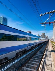 Fototapeta premium High-speed train navigating through a vibrant urban landscape under a clear blue sky