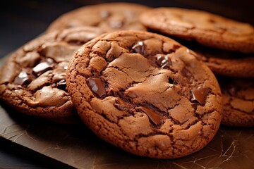 Fototapeta premium Freshly baked chocolate cookies resting on a dark surface in a cozy kitchen setting