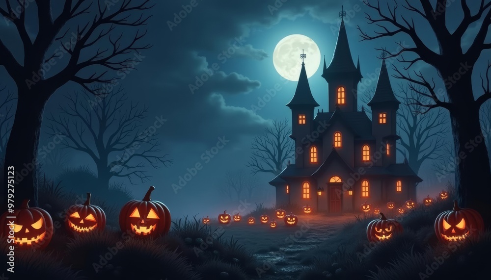 Sticker  Enchanted Halloween night with glowing jackolanterns and a mysterious mansion