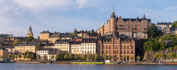 Panorama, old apartment houses on the hill Mariaberget, a summer morning day in Stockholm