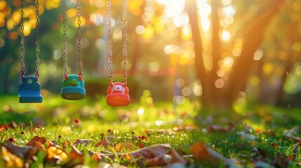 Vibrant autumn swings in a lush serene park setting with sunlight filtering through the trees and casting a warm golden glow over the playful scene  A peaceful