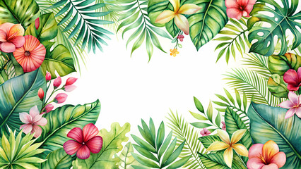 Watercolor tropical green floral leaves and flowers on background for greeting or wedding card decoration, watercolor