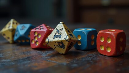  Vibrant sixsided dice on a wooden surface