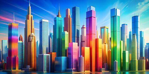 Obraz premium Vibrant futuristic abstract background with colorful skyscrapers against a blue sky , Trendy, futuristic