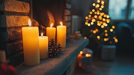 A cozy winter scene featuring glowing candles beside a decorated Christmas tree, perfect for evoking holiday warmth and charm.