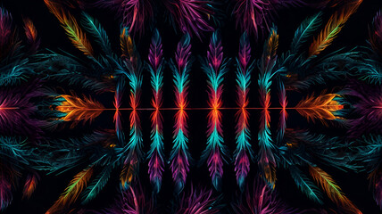Glowing neon feathers forming symmetrical geometric shapes.
