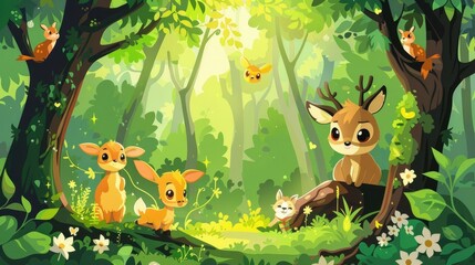 Naklejka premium Delightful of a whimsical woodland scene filled with curious and charming cartoon deer rabbits and other animals exploring the lush spring foliage flowers and enchanting forest landscape