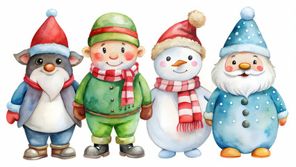 Watercolor set of Christmas characters including penguin, snowman, gnome, polar bear and Santa Claus , watercolor, Christmas