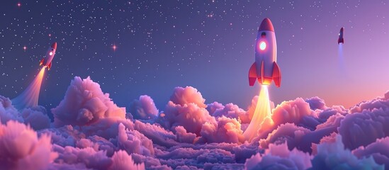 Majestic rocket launch soaring through an ethereal cosmic landscape with vibrant clouds and stars at a dramatic sunset