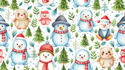 Watercolor seamless pattern with Christmas characters like penguin, snowman, polar bear