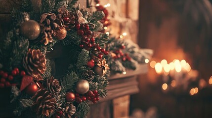 A beautifully decorated Christmas wreath with pine cones and ornaments, setting a warm holiday ambiance near a glowing fireplace.