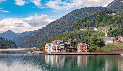 Alleghe, Veneto, Italy: Houses on the banks of the Lake Alleghe