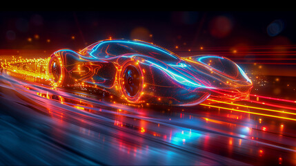 Futuristic Neon Sports Car Speeding Through a Digital Highway