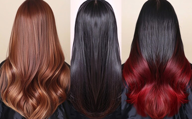 Fototapeta premium Pictures of three different beautiful hair colors and long straight shiny healthy hair