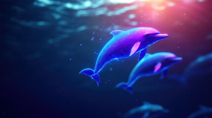 Fototapeta premium A neon-lit underwater scene featuring holographic dolphins swimming with real sea creatures, Cyberpunk, Cool tones, 3D Render