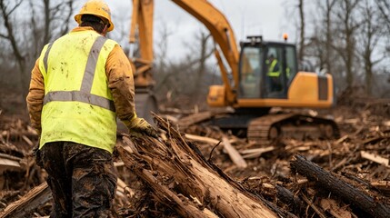 Worker clearing debris with excavator in forest area
