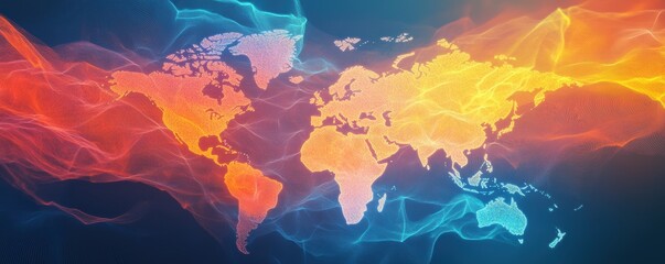 Obraz premium An abstract depiction of animal migration across a glowing world map, symbolizing environmental awareness, Abstract, Electric colors, Digital Art