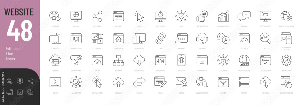 Wall mural website line editable icons set. vector illustration in thin line modern style of internet related i
