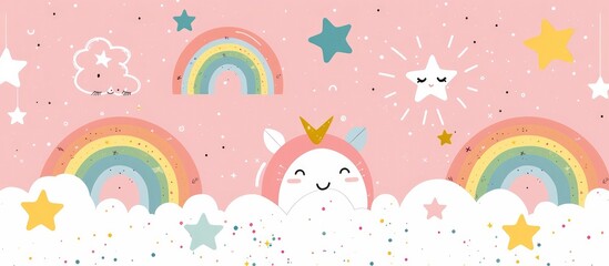 Whimsical and cheerful pastel background pattern with rainbow clouds and stars  Cute kawaii design perfect for children s bedroom decor nursery or textiles
