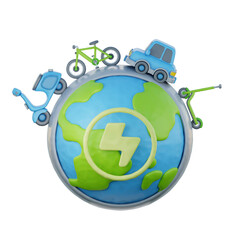 Fototapeta premium 3d World globe with electric vehicle, Environmental Alternative Energy, cartoon style, 3d rendering.