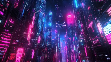 Fototapeta premium Neon Cityscape with Flying Drones
