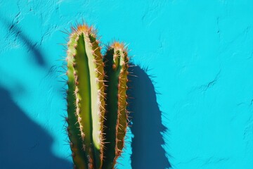 Close-Up Cactus with Sunlit Shadows and Vibrant Blue Backdrop