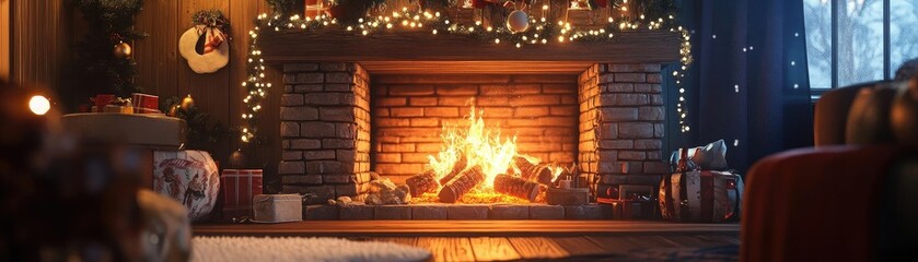 Obraz premium Cozy fireplace scene adorned with festive decorations, perfect for creating a warm holiday atmosphere in a living space.