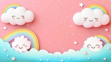 Cute smiling clouds and colorful rainbows against a pastel colored magical sky background  Whimsical dreamy and playful digital with a calming serene and atmosphere