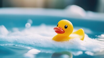 Close-up of yellow rubber duck in foamy bathtub