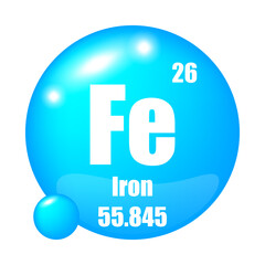 Iron element symbol. Fe abbreviation. Atomic number 26. Atomic mass 55.845.