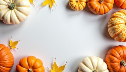 Fototapeta premium Autumns bounty Pumpkins and leaves in a rustic display