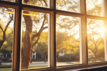 Naklejka premium Morning sunlight streaming through a window, illuminating trees outside in a peaceful neighborhood