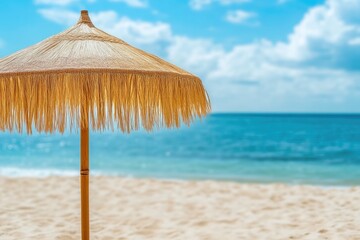 Beach Umbrella with Bamboo Frame and Sea Background