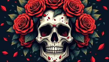  Elegant skull adorned with vibrant roses symbolizing life and death