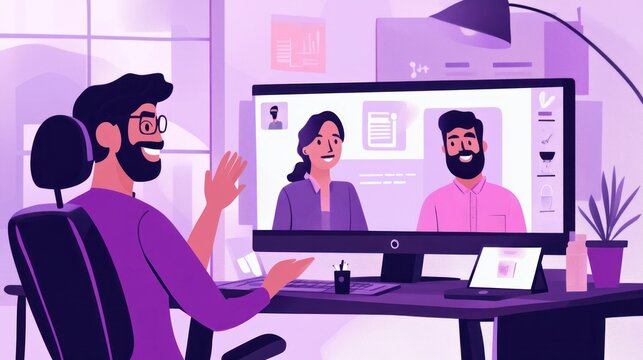 A project manager conducting a virtual team meeting, with participants from different locations on a video call, discussing milestones and deliverables