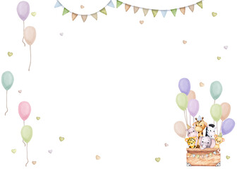 Cute tropical animals in a box. Kids toys. Watercolor frame, banner, backdrop for birthday, gender reveal party, baby shower, kids party. Horizontal card, poster, invitation, greeting card.