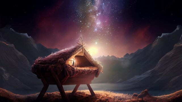 Nativity scene, Christian Christmas concept, Birth of Jesus Christ. Wooden manger with holy child and stars in sky in dark blue night.