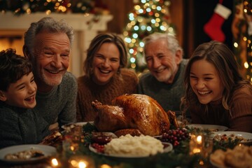 A delighted family of all ages gathers around a beautifully set table adorned with a holiday feast, embodying togetherness and the joy of Christmas celebration.