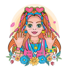 Modern beautiful princess or supermodel. Cute girl with fashionable hairstyle and pigtails. Isolated illustration for print or sticker. Portrait, floral wreath and rainbow on white background