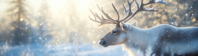 A majestic reindeer gracefully walks through a snowy landscape, surrounded by shimmering snowflakes and frosty trees.