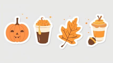 Halloween and Autumn Sticker Collection with Pumpkin and Drink