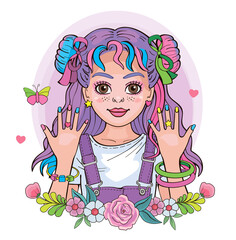 Modern beautiful princess or supermodel. Cute girl with fashionable hairstyle and pigtails. Isolated illustration for print or sticker. Portrait, floral wreath and rainbow on white background