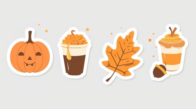 Halloween and Autumn Sticker Collection with Pumpkin and Drink
