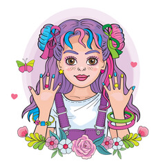 Modern beautiful princess or supermodel. Cute girl with fashionable hairstyle and pigtails. Isolated illustration for print or sticker. Portrait, floral wreath and rainbow on white background. Vector.