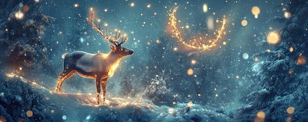 Naklejka premium A magical reindeer illuminated by shimmering lights in a snowy forest, capturing the essence of winter wonder and festive spirit.