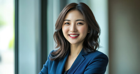 Fototapeta premium Ambitious and assertive Asian businesswoman in a blue suit, displaying a focused and determined expression. She projects confidence and authority, ready to take on leadership roles.